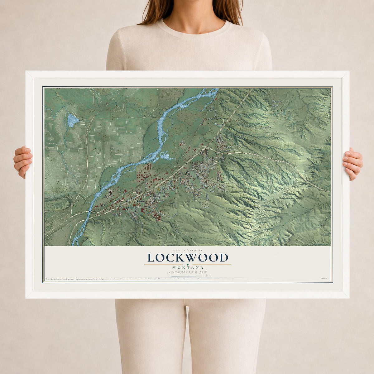 Map of Lockwood, Montana, 24 x 36 inch print in a white wood frame