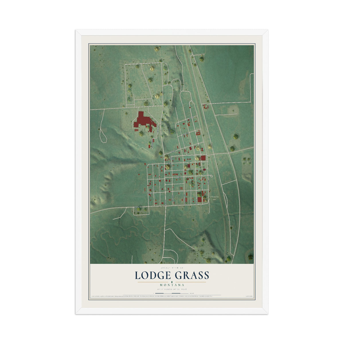 Map of Lodge Grass, Montana, 12 x 18 inch print in a white wood frame