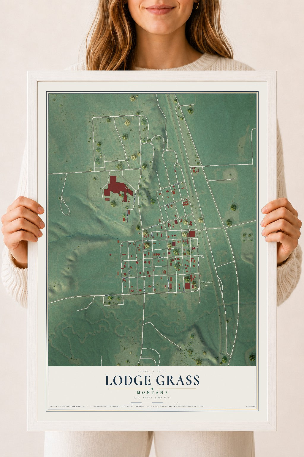 Map of Lodge Grass, Montana, 18 x 24 inch print in a white wood frame