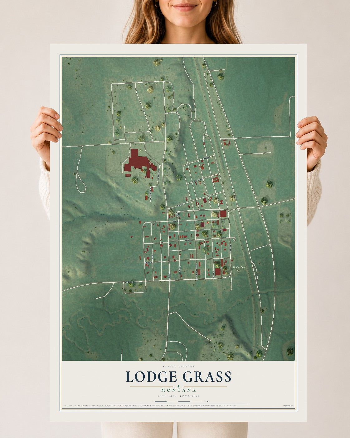 Map of Lodge Grass, Montana, 24 x 36 inch unframed archival matte print