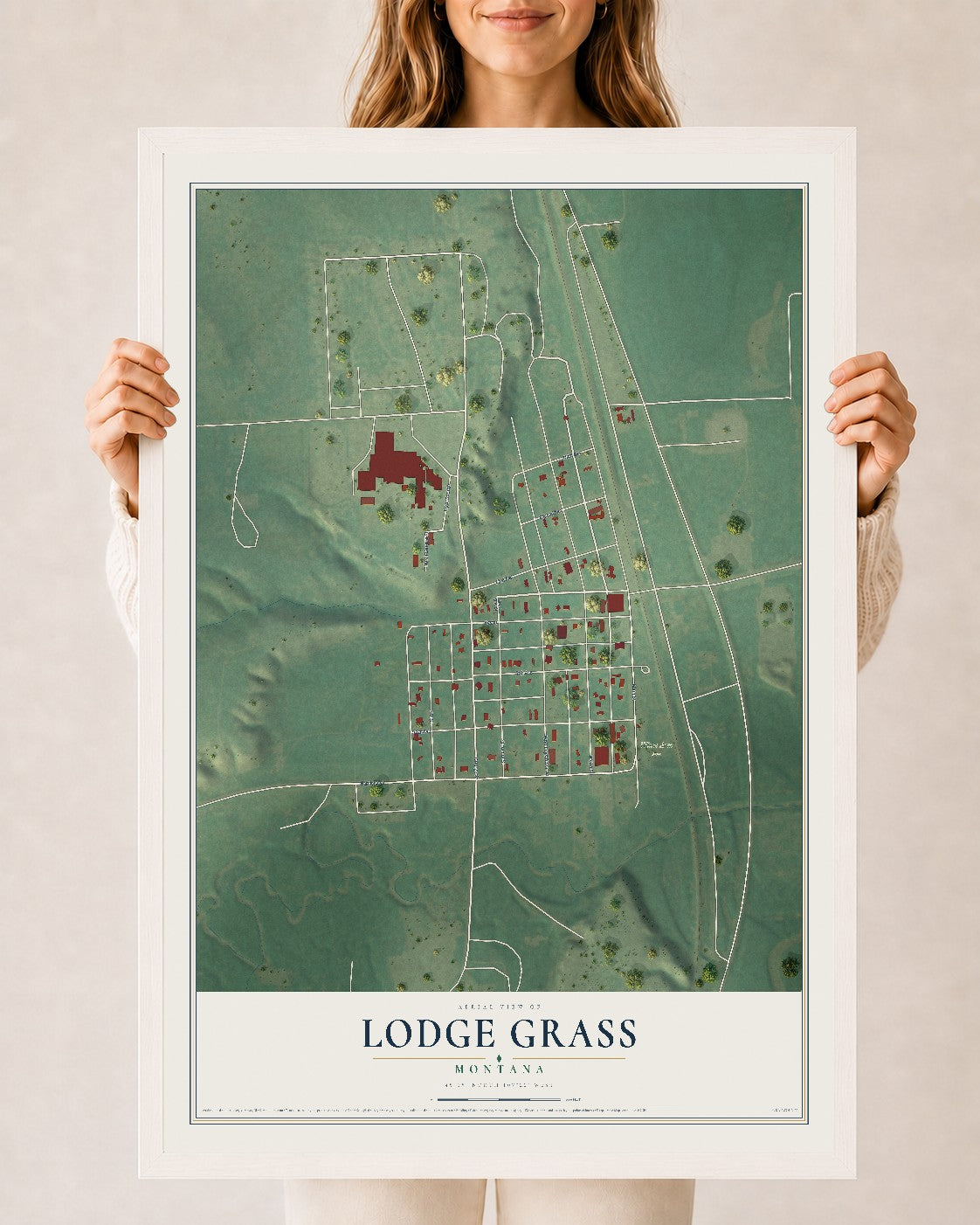 Map of Lodge Grass, Montana, 24 x 36 inch print in a white wood frame