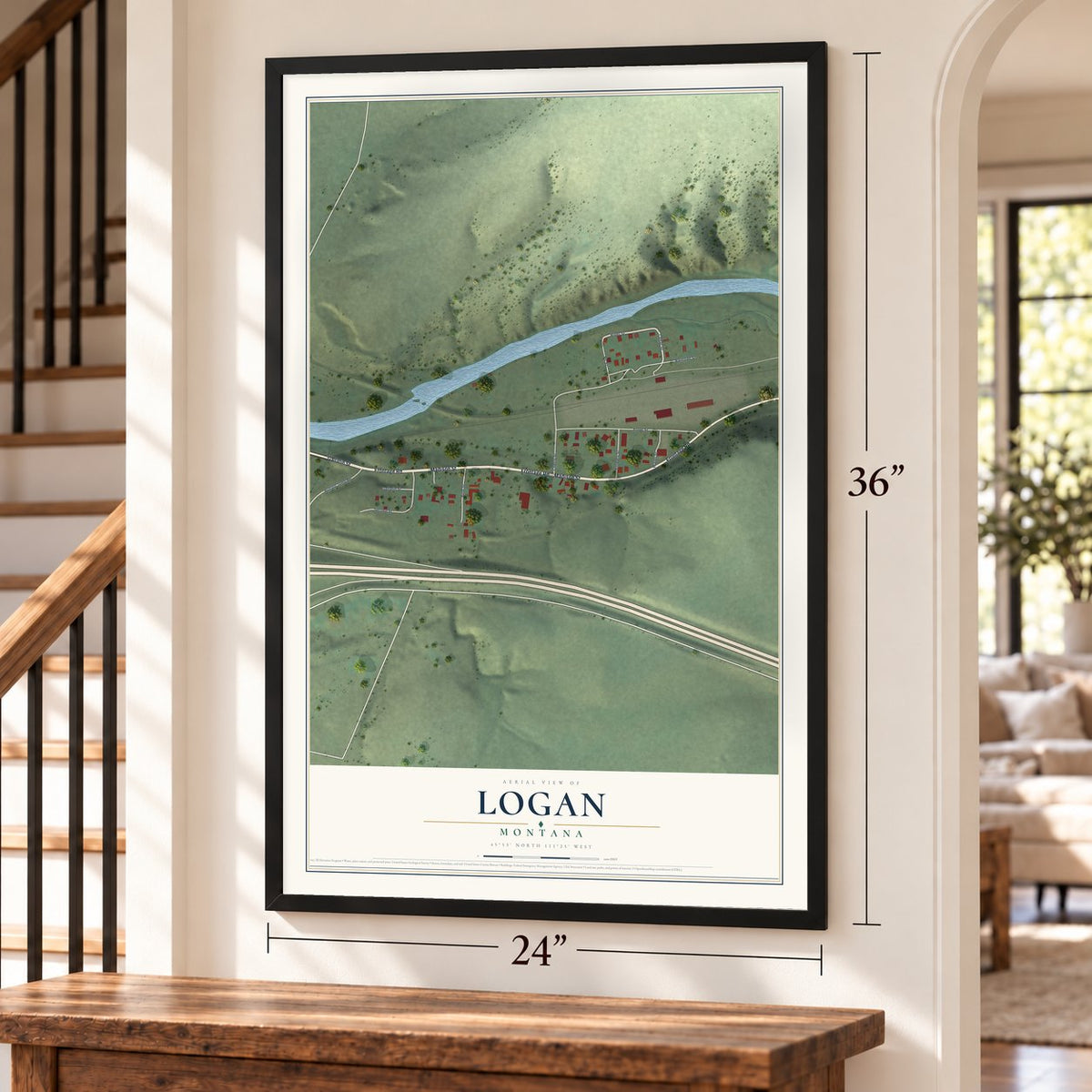 Logan, Montana map, 24 x 36 inch print in a black frame by a staircase