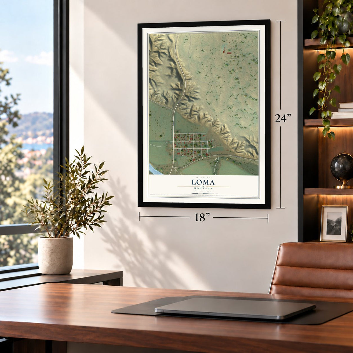 Loma, Montana map, 18 x 24 inch print in a black frame in a home office