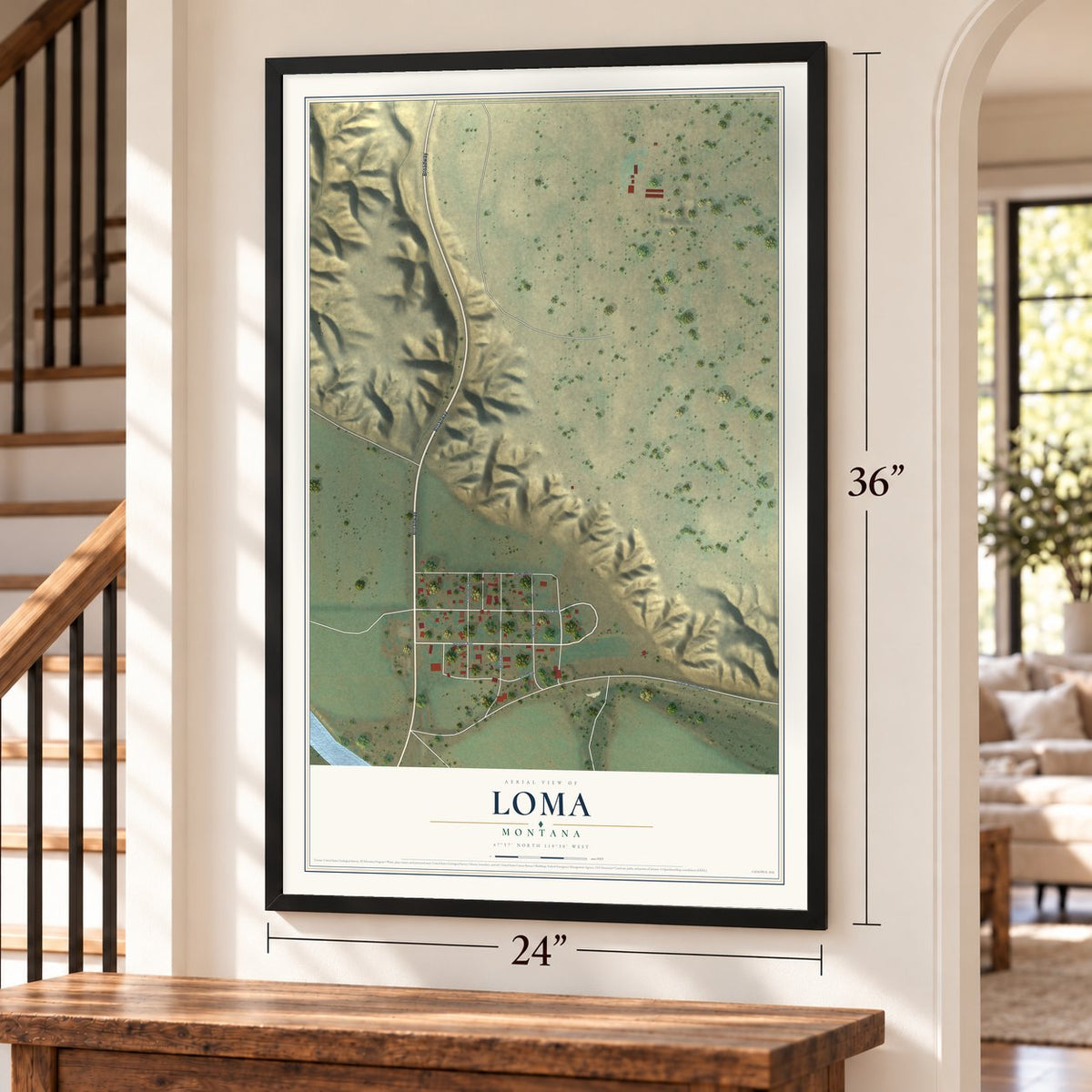 Loma, Montana map, 24 x 36 inch print in a black frame by a staircase