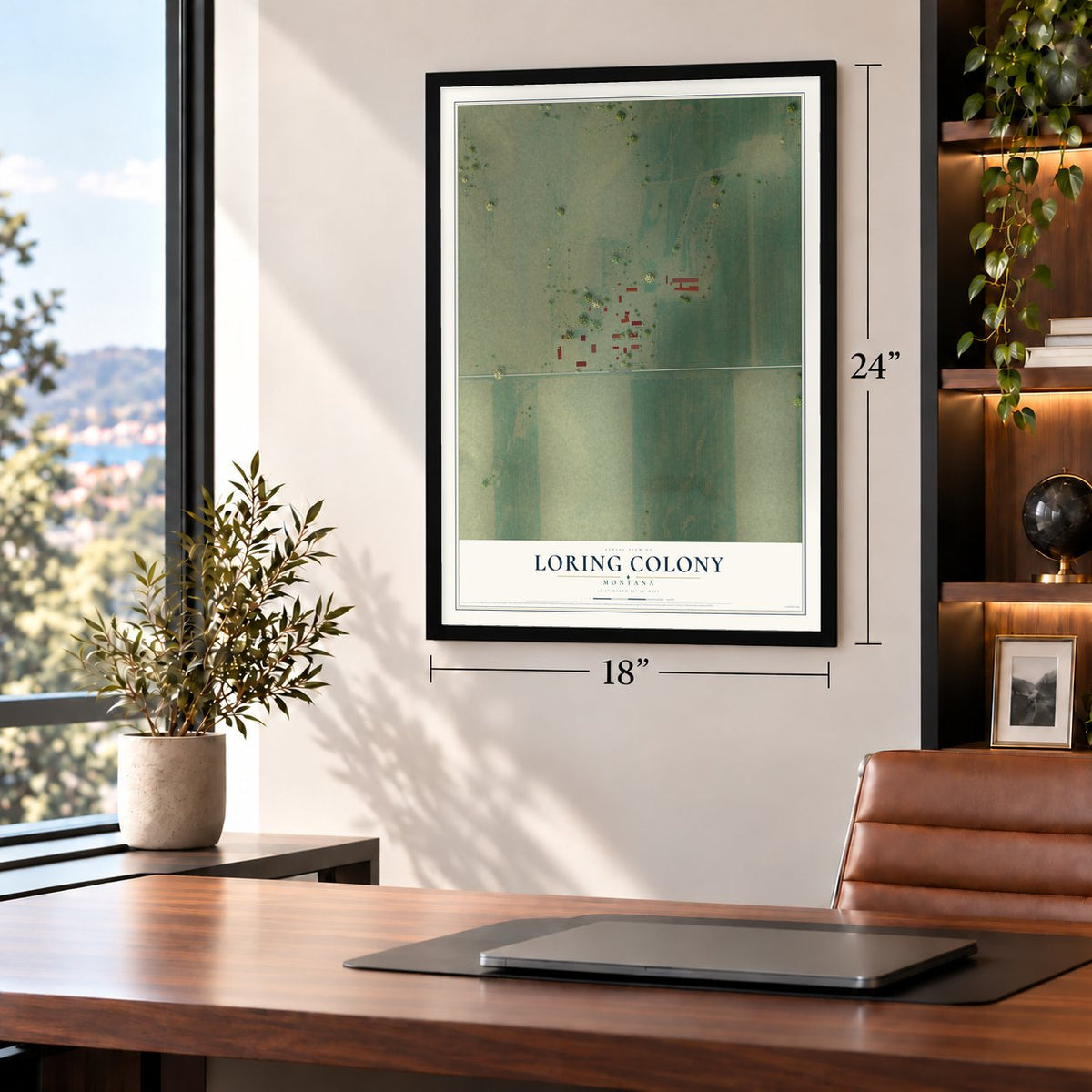 Loring Colony, Montana map, 18 x 24 inch print in a black frame in a home office