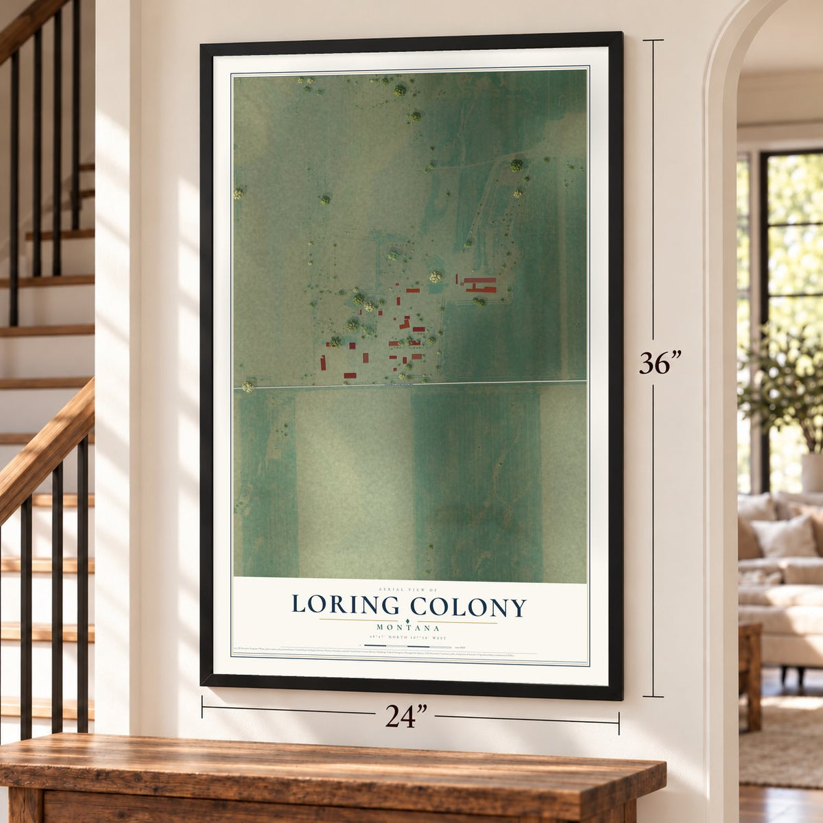 Loring Colony, Montana map, 24 x 36 inch print in a black frame by a staircase