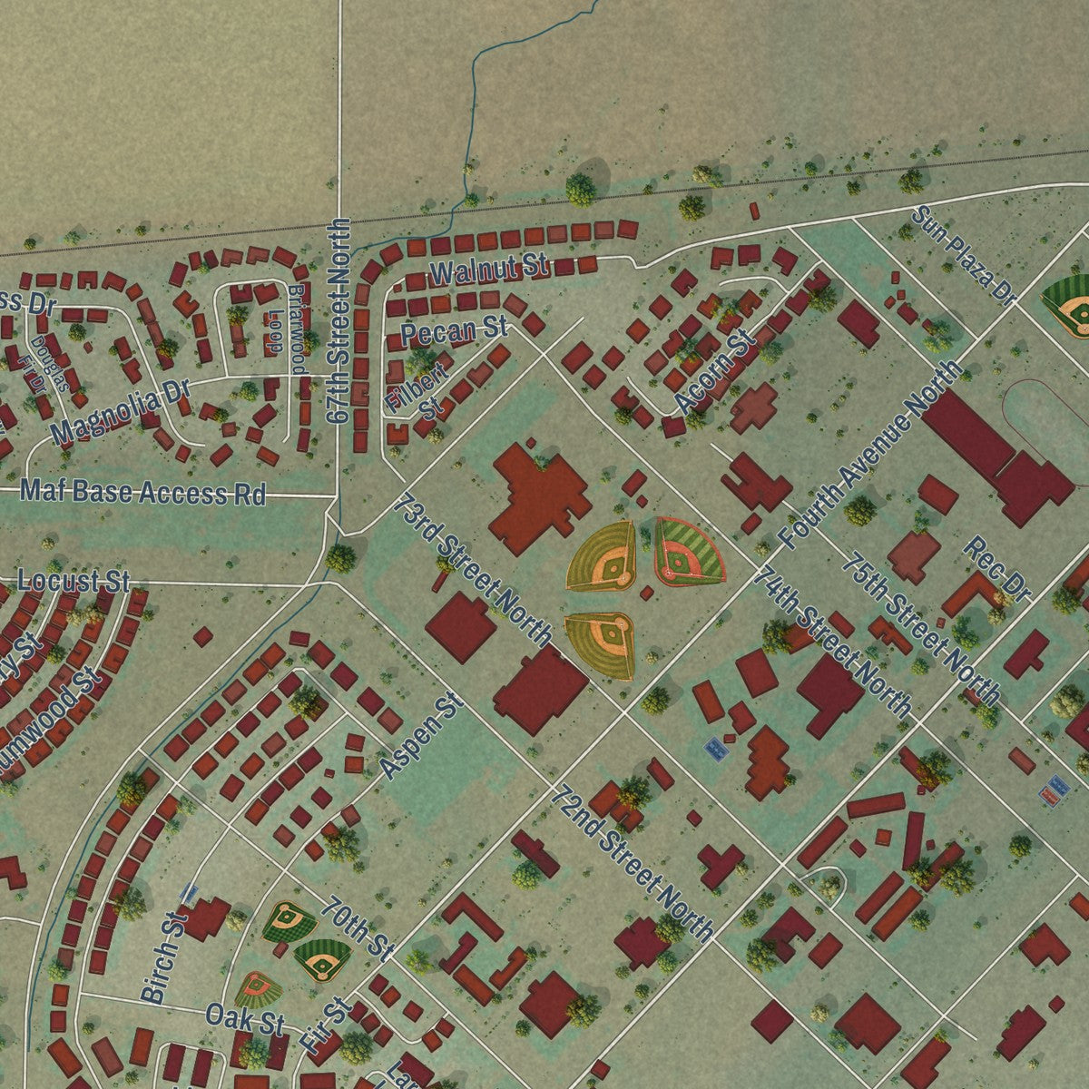 Close-up of the map of Malmstrom AFB, Montana print showing street and building detail