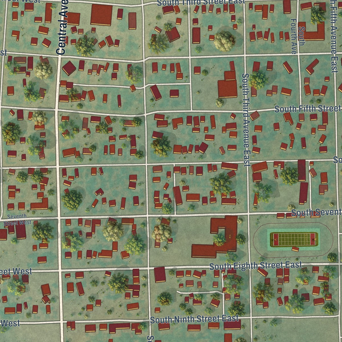 Close-up of the map of Malta, Montana print showing street and building detail