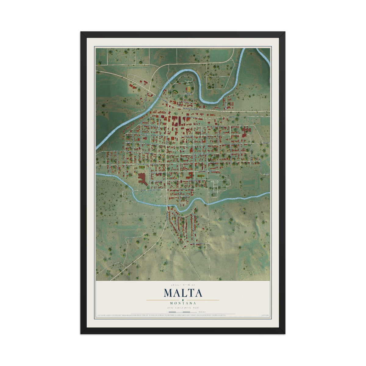 Map of Malta, Montana, 12 x 18 inch print in a black wood frame