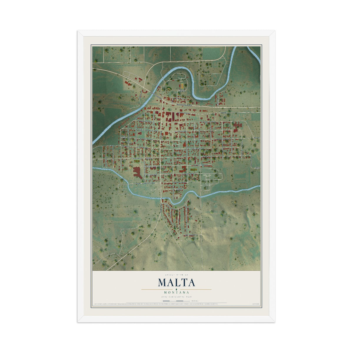 Map of Malta, Montana, 12 x 18 inch print in a white wood frame