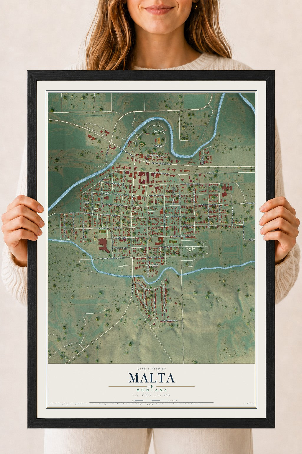 Map of Malta, Montana, 18 x 24 inch print in a black wood frame