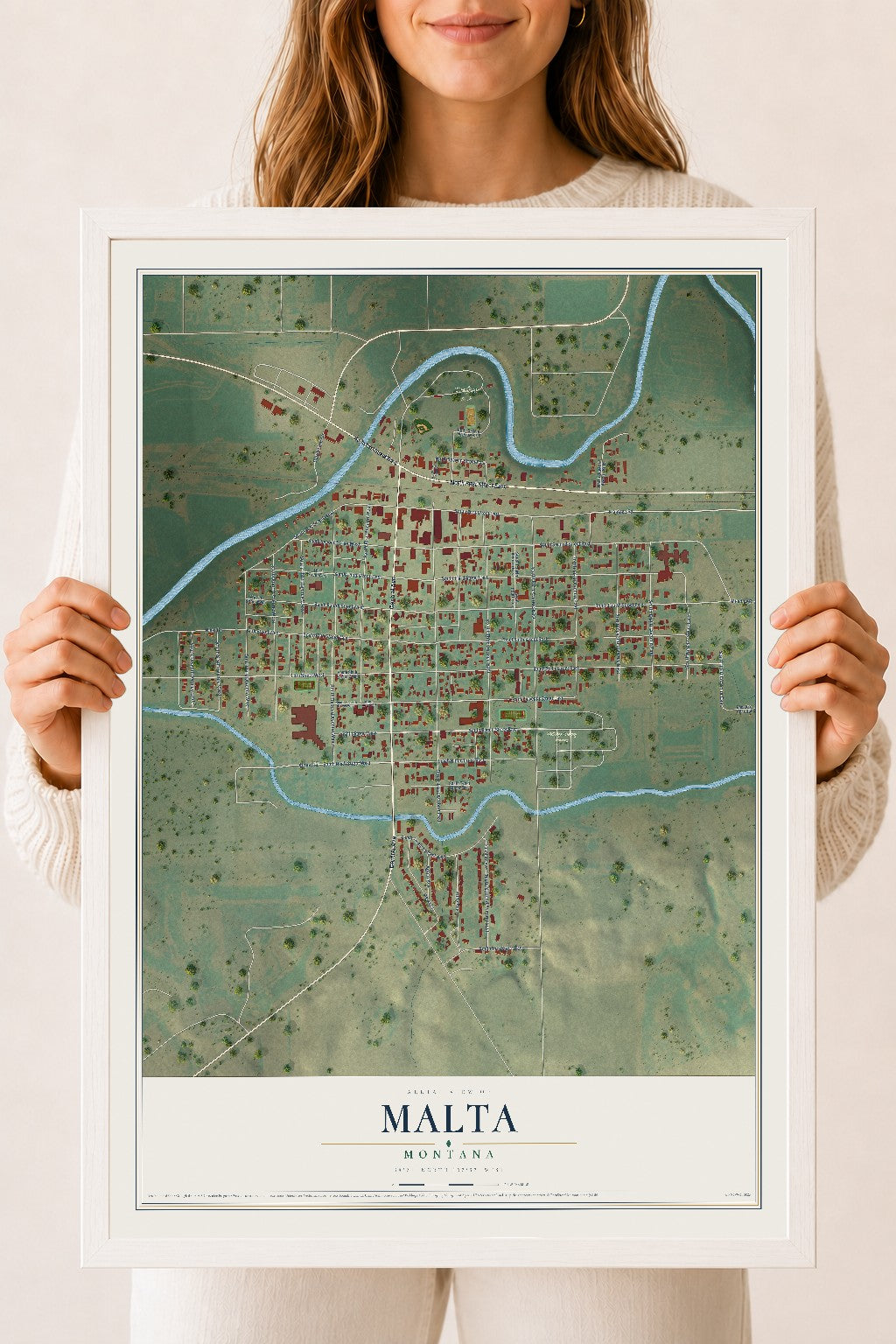 Map of Malta, Montana, 18 x 24 inch print in a white wood frame