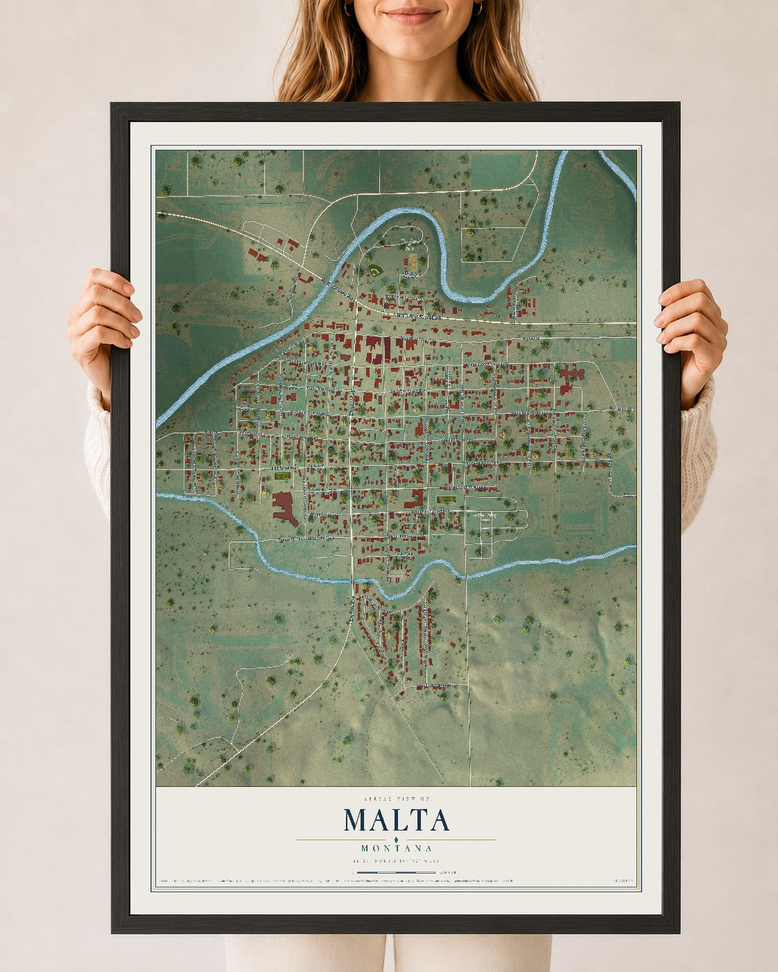 Map of Malta, Montana, 24 x 36 inch print in a black wood frame