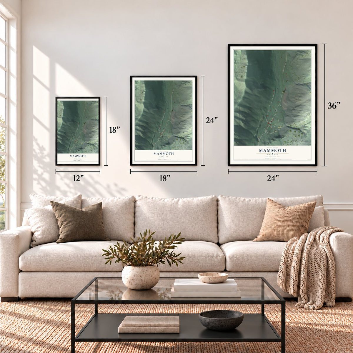 Mammoth, Montana map in 12 x 18, 18 x 24 and 24 x 36 inch sizes above a sofa