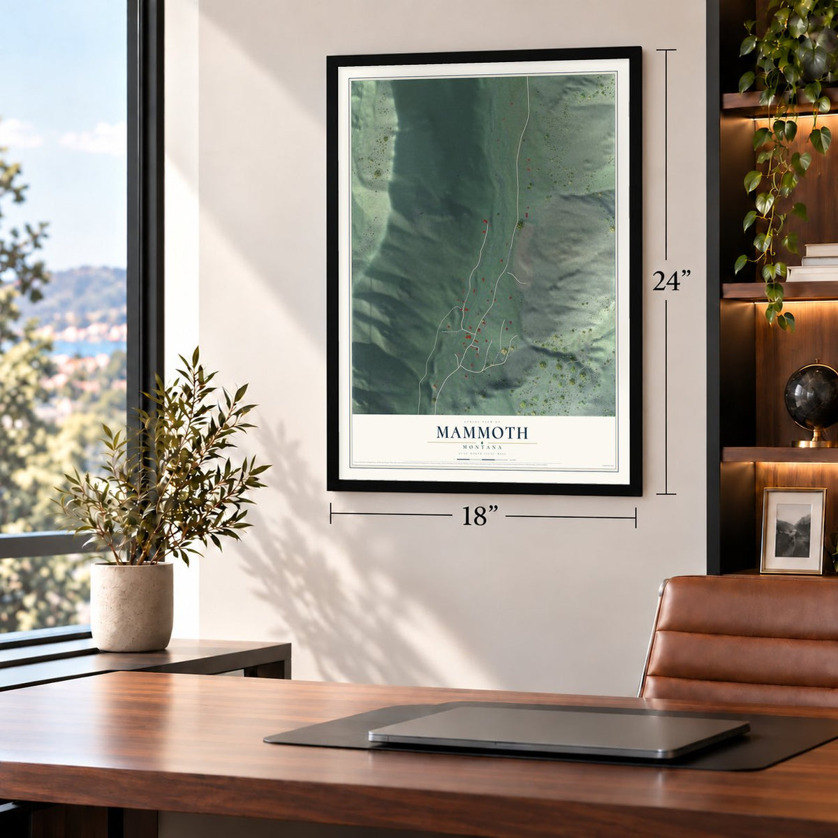 Mammoth, Montana map, 18 x 24 inch print in a black frame in a home office