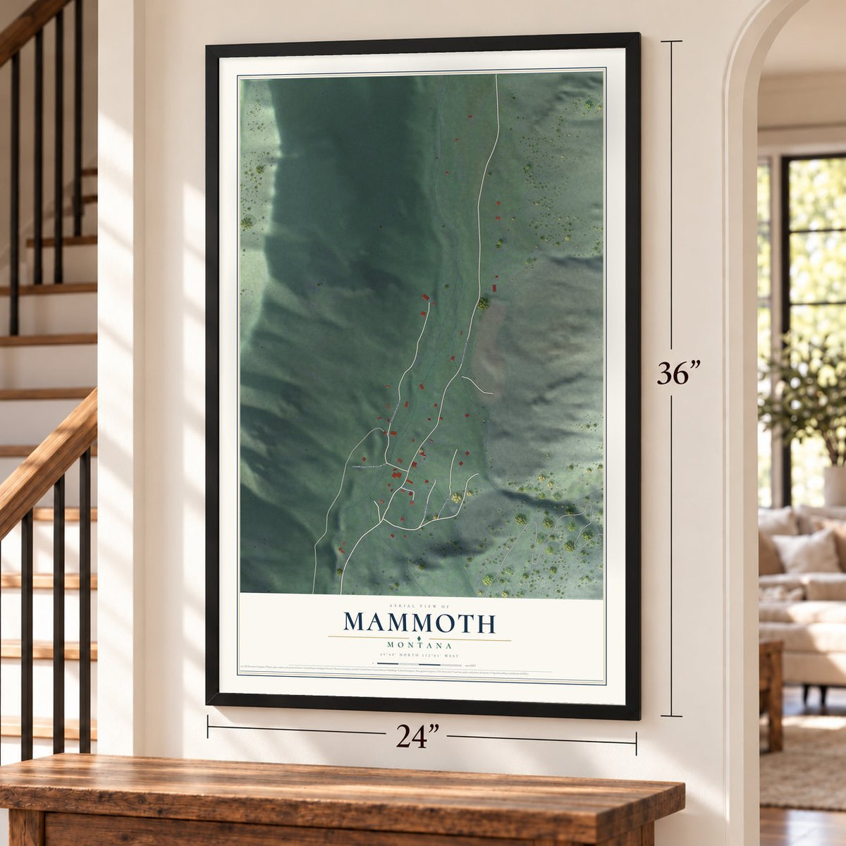 Mammoth, Montana map, 24 x 36 inch print in a black frame by a staircase