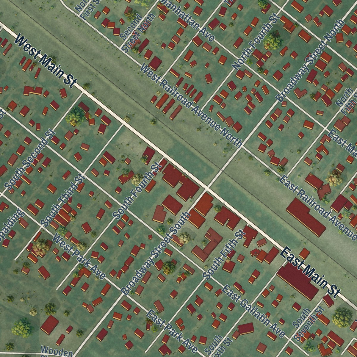 Close-up of the map of Manhattan, Montana print showing street and building detail