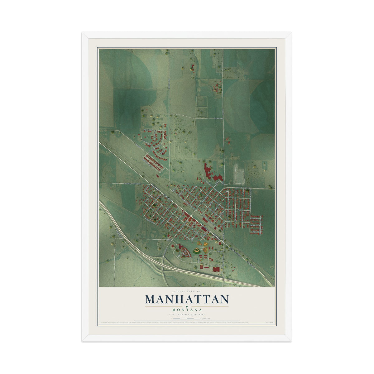 Map of Manhattan, Montana, 12 x 18 inch print in a white wood frame