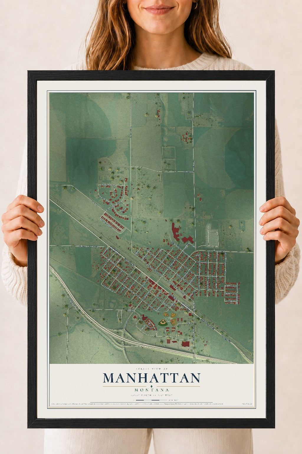 Map of Manhattan, Montana, 18 x 24 inch print in a black wood frame