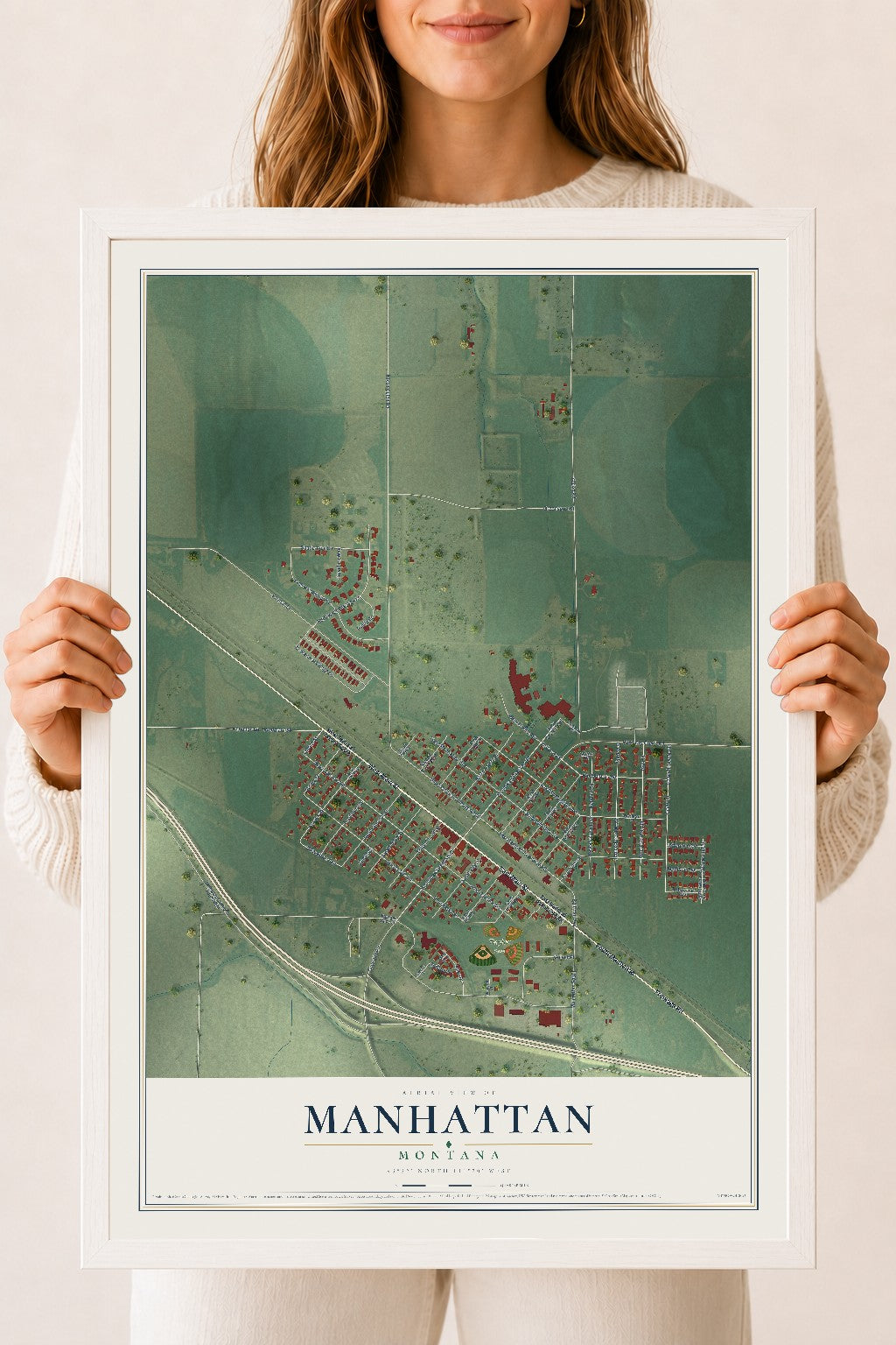 Map of Manhattan, Montana, 18 x 24 inch print in a white wood frame