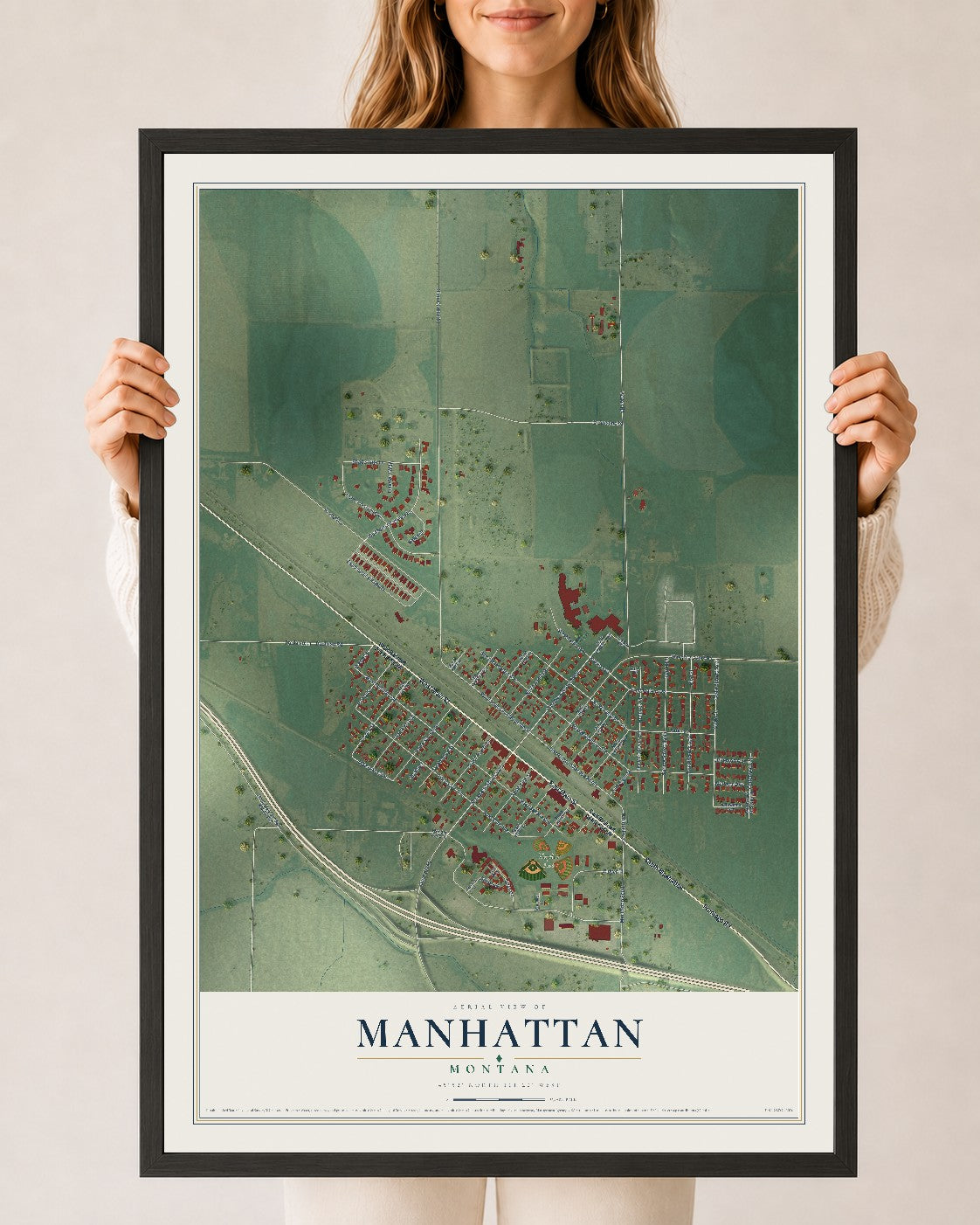 Map of Manhattan, Montana, 24 x 36 inch print in a black wood frame