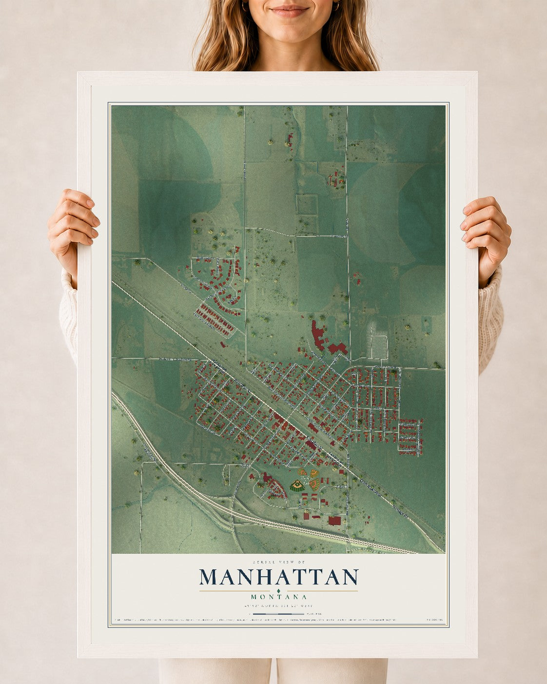 Map of Manhattan, Montana, 24 x 36 inch print in a white wood frame