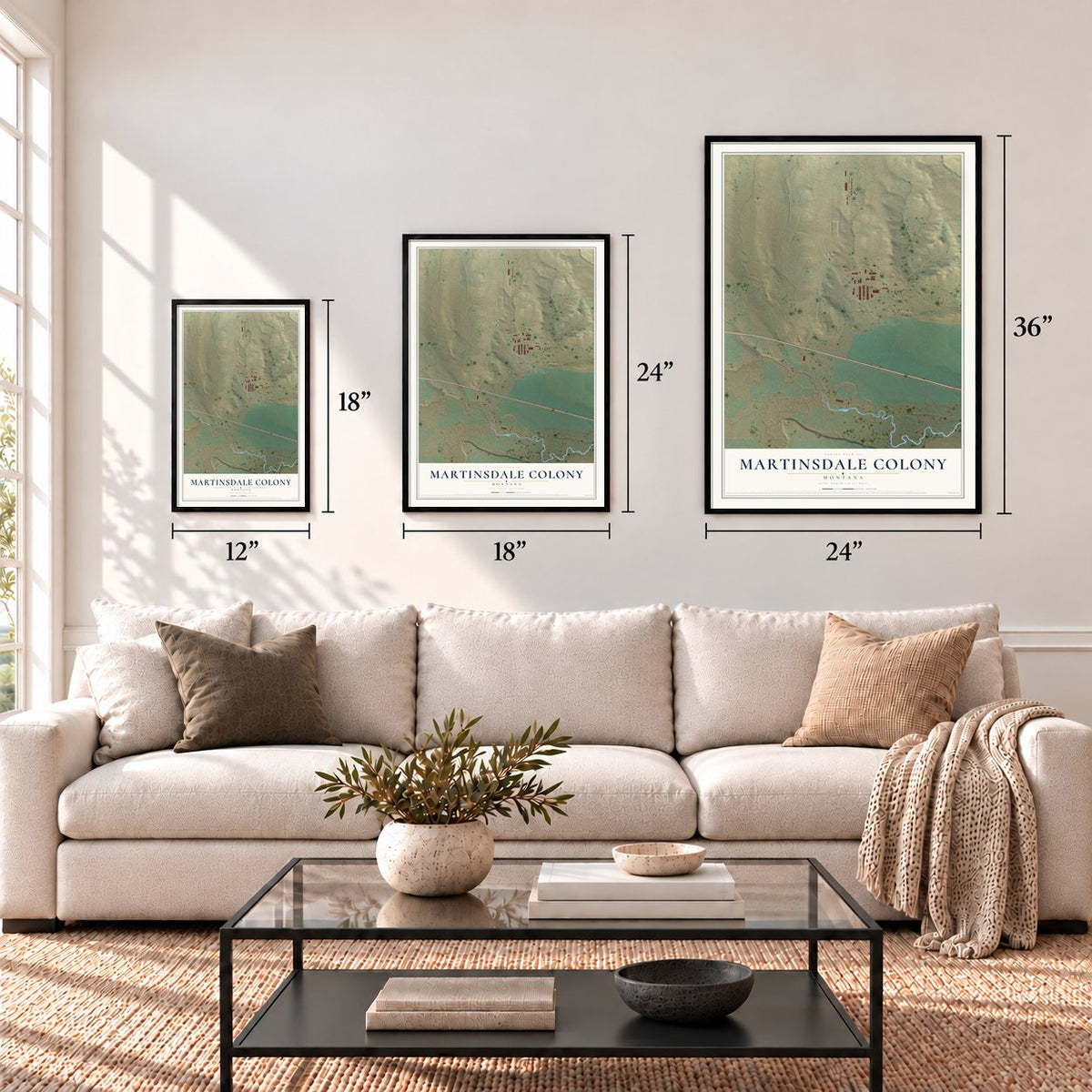 Martinsdale Colony, Montana map in 12 x 18, 18 x 24 and 24 x 36 inch sizes above a sofa