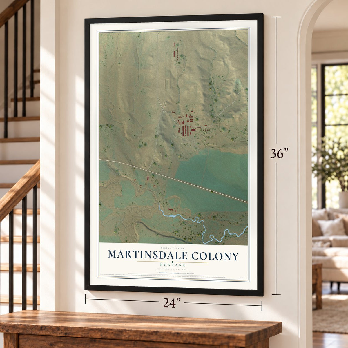 Martinsdale Colony, Montana map, 24 x 36 inch print in a black frame by a staircase