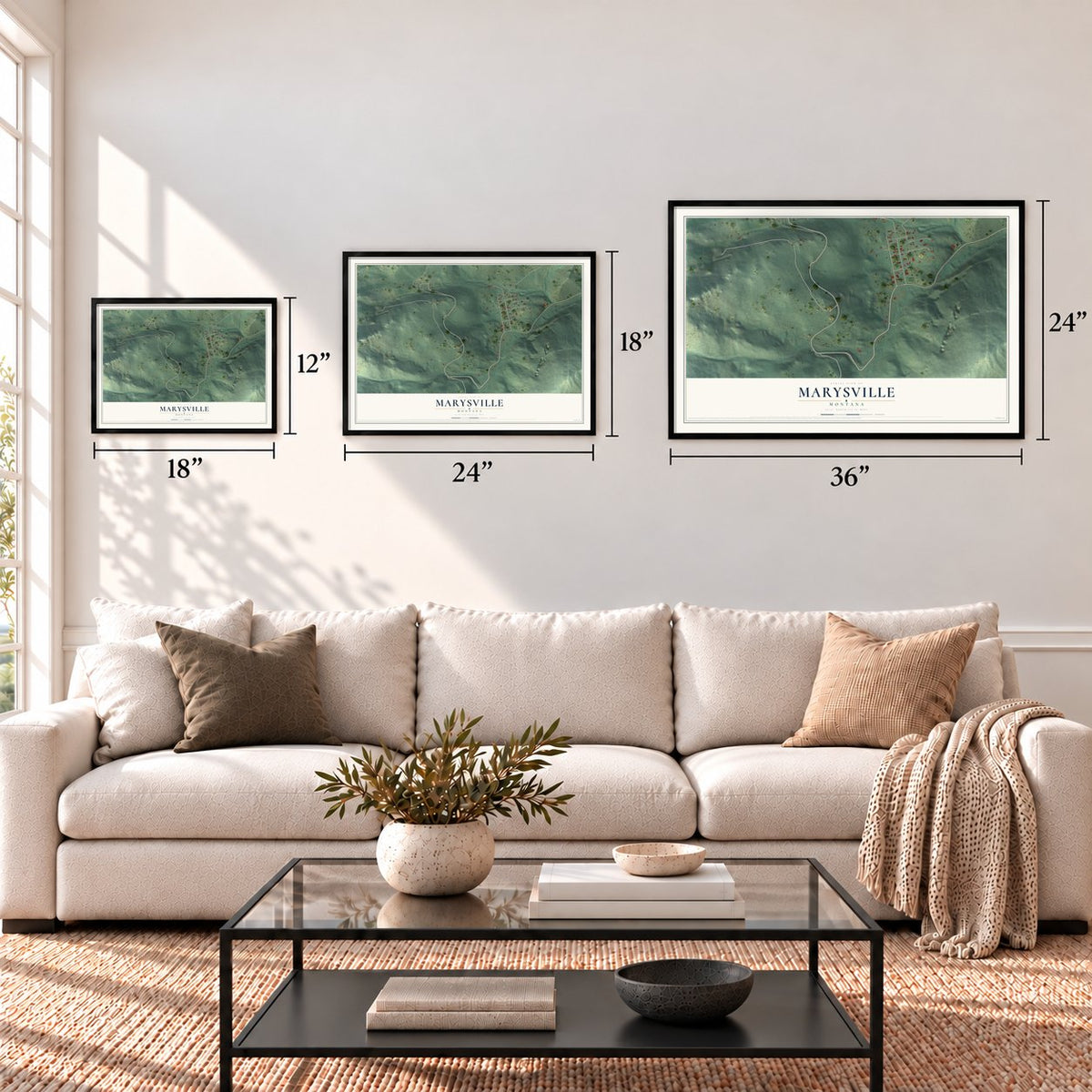 Marysville, Montana map in 12 x 18, 18 x 24 and 24 x 36 inch sizes above a sofa