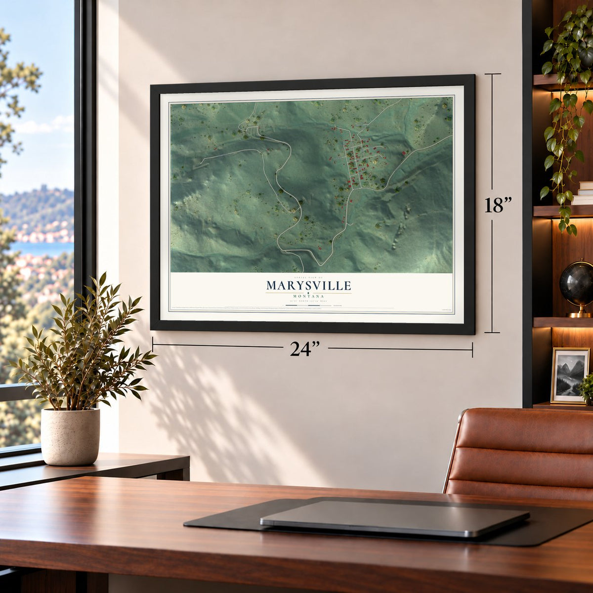 Marysville, Montana map, 18 x 24 inch print in a black frame in a home office