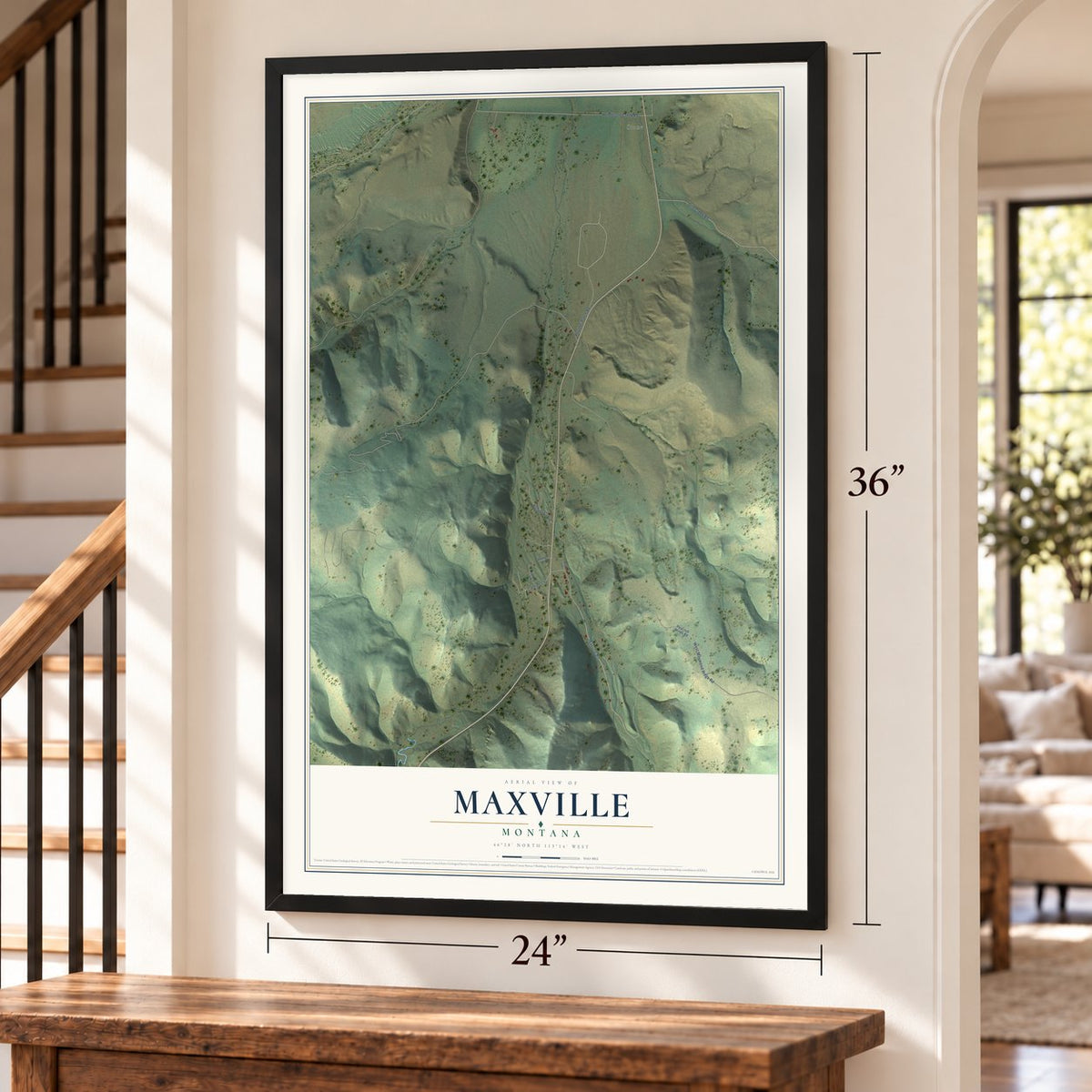 Maxville, Montana map, 24 x 36 inch print in a black frame by a staircase