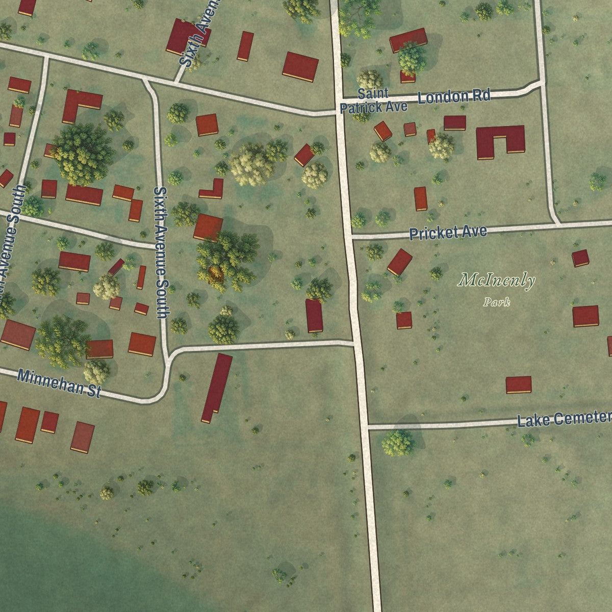 Second close-up of the map of Medicine Lake, Montana print showing more streets and buildings