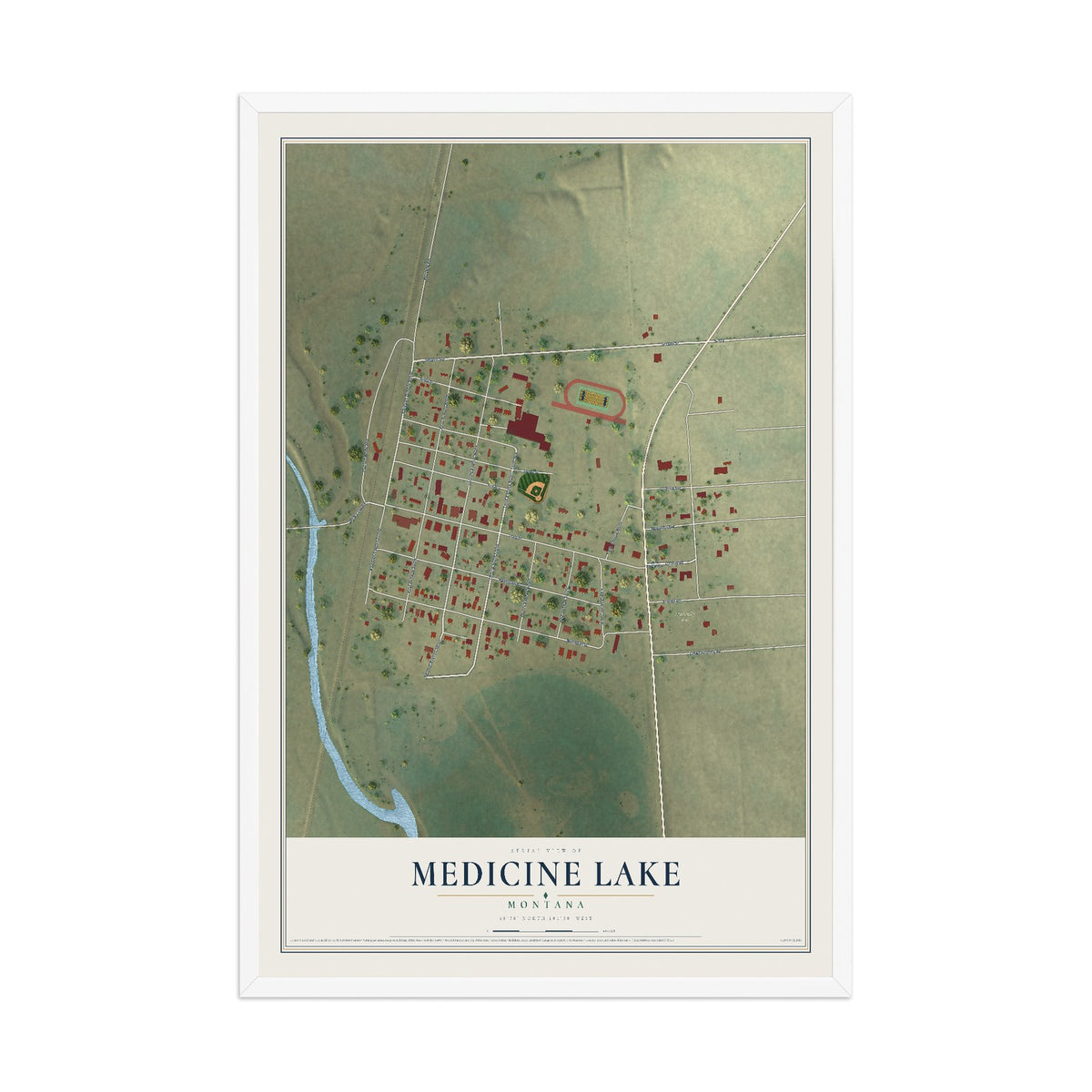 Map of Medicine Lake, Montana, 12 x 18 inch print in a white wood frame