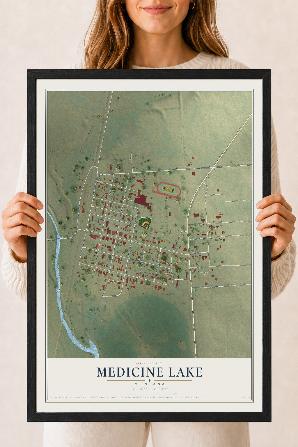 Map of Medicine Lake, Montana, 18 x 24 inch print in a black wood frame