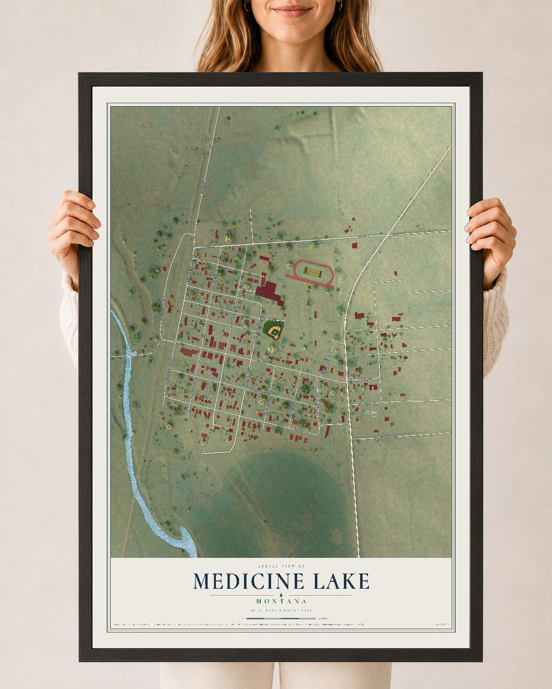 Map of Medicine Lake, Montana, 24 x 36 inch print in a black wood frame