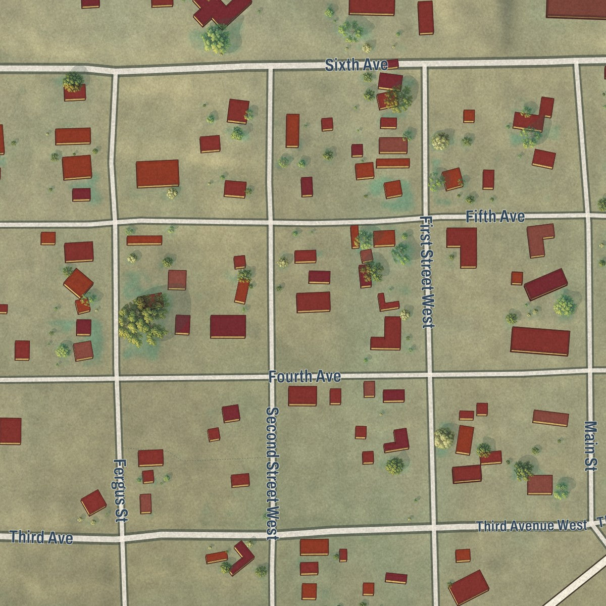 Close-up of the map of Melstone, Montana print showing street and building detail
