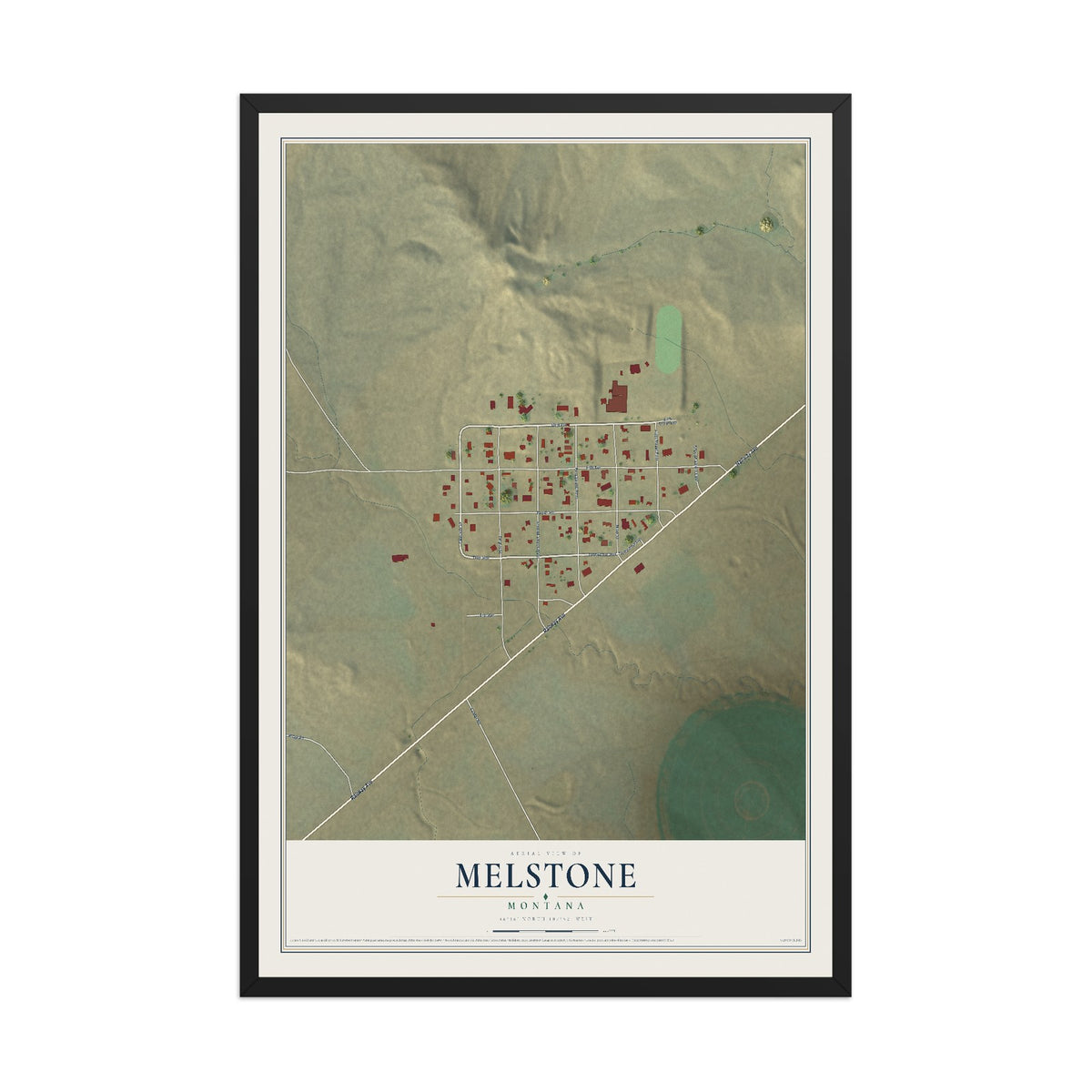 Map of Melstone, Montana, 12 x 18 inch print in a black wood frame