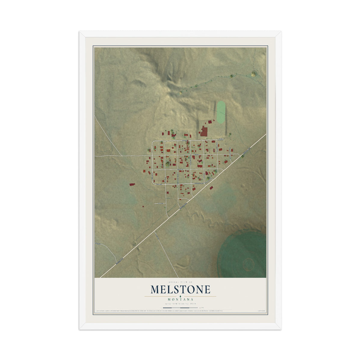 Map of Melstone, Montana, 12 x 18 inch print in a white wood frame