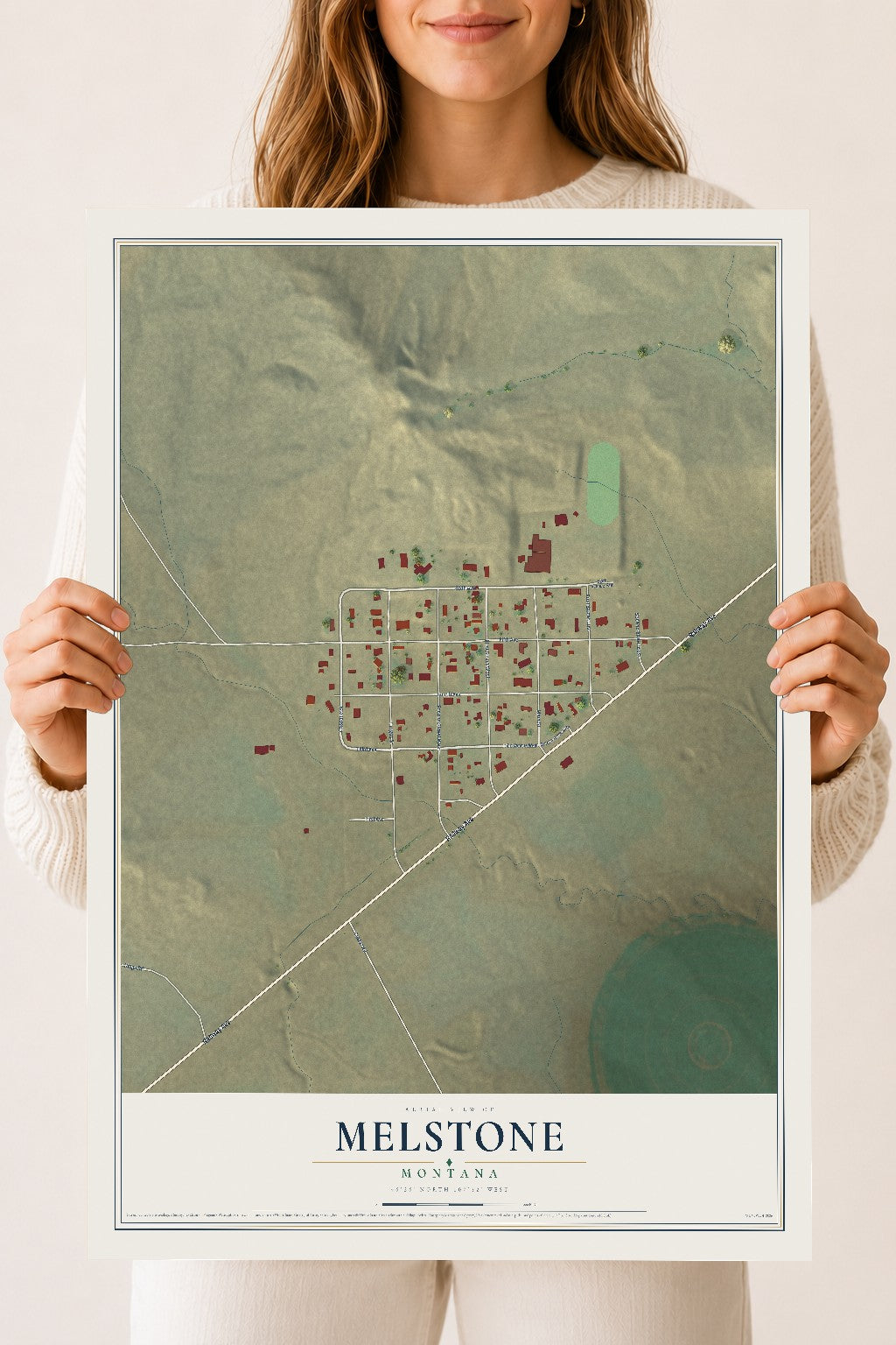 Map of Melstone, Montana, 18 x 24 inch unframed archival matte print