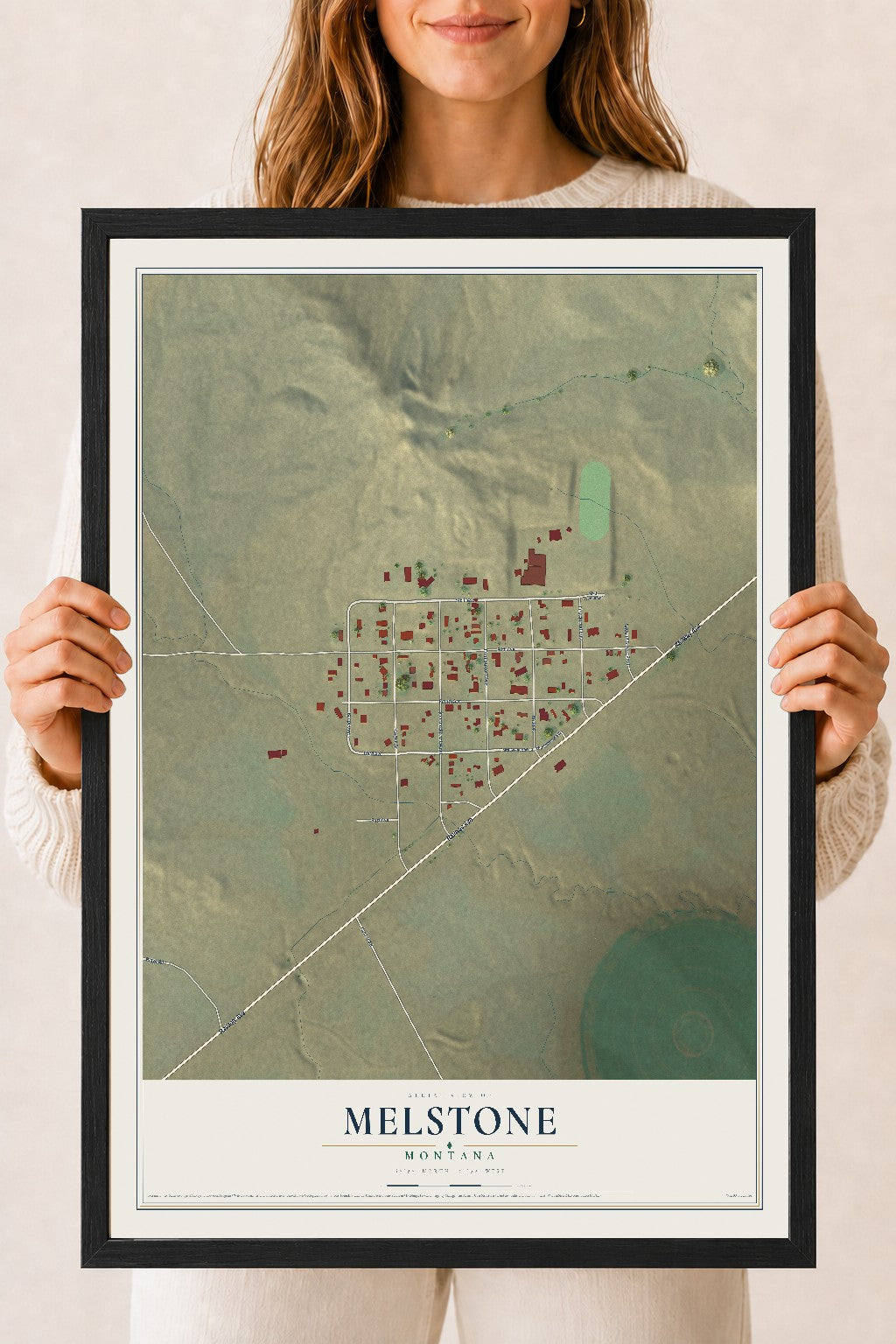 Map of Melstone, Montana, 18 x 24 inch print in a black wood frame