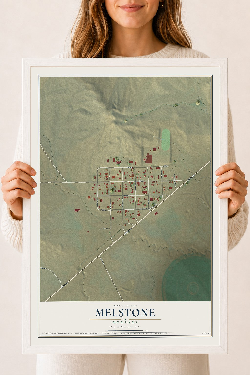 Map of Melstone, Montana, 18 x 24 inch print in a white wood frame