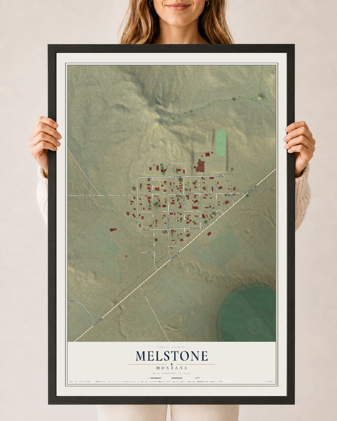 Map of Melstone, Montana, 24 x 36 inch print in a black wood frame