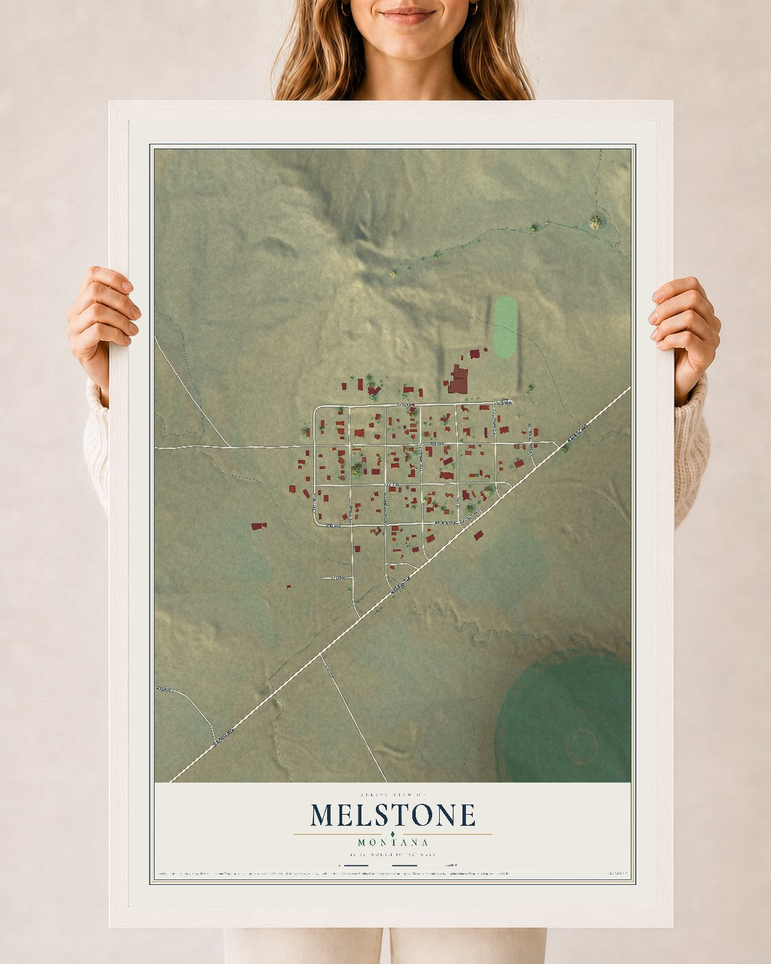 Map of Melstone, Montana, 24 x 36 inch print in a white wood frame