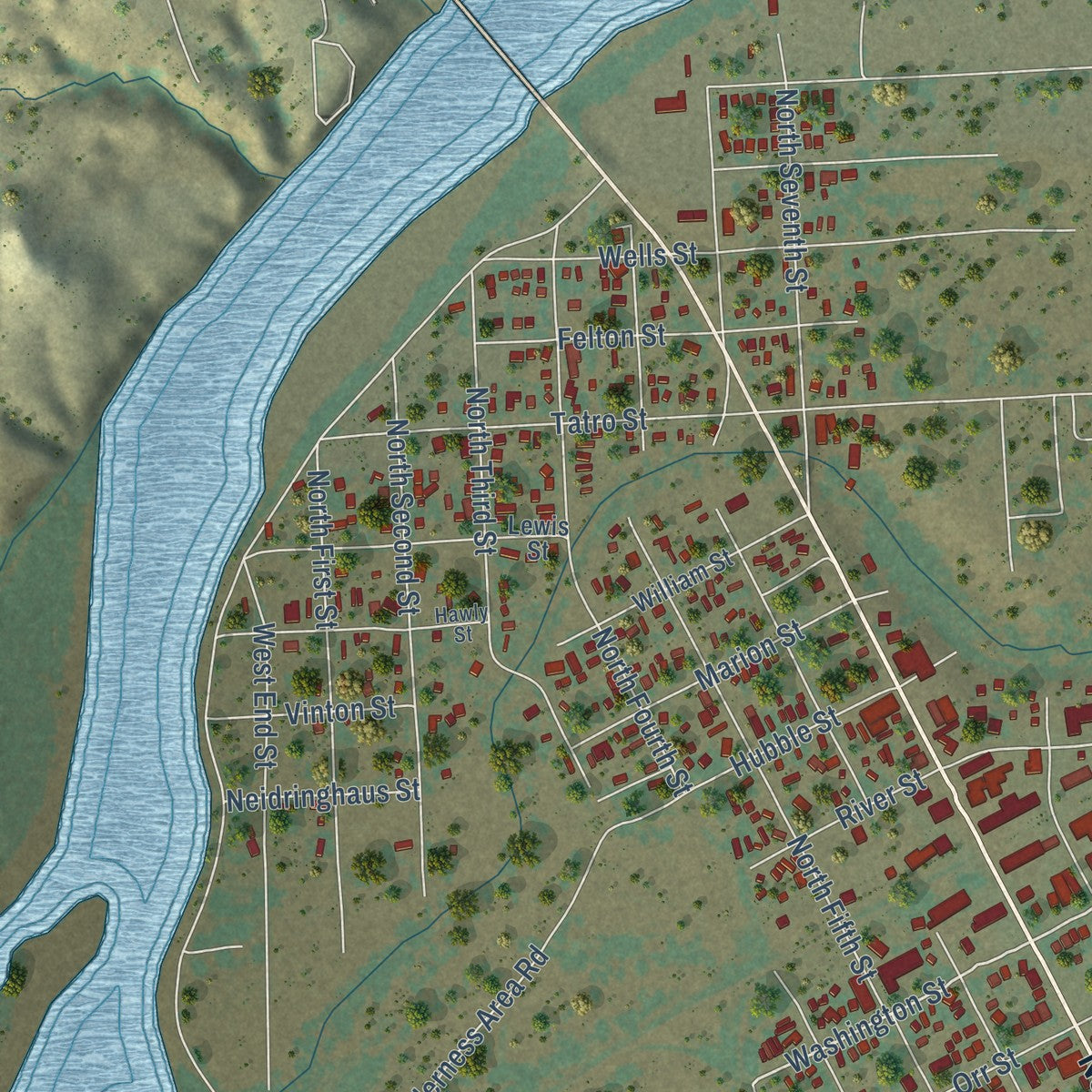 Second close-up of the map of Miles City, Montana print showing more streets and buildings