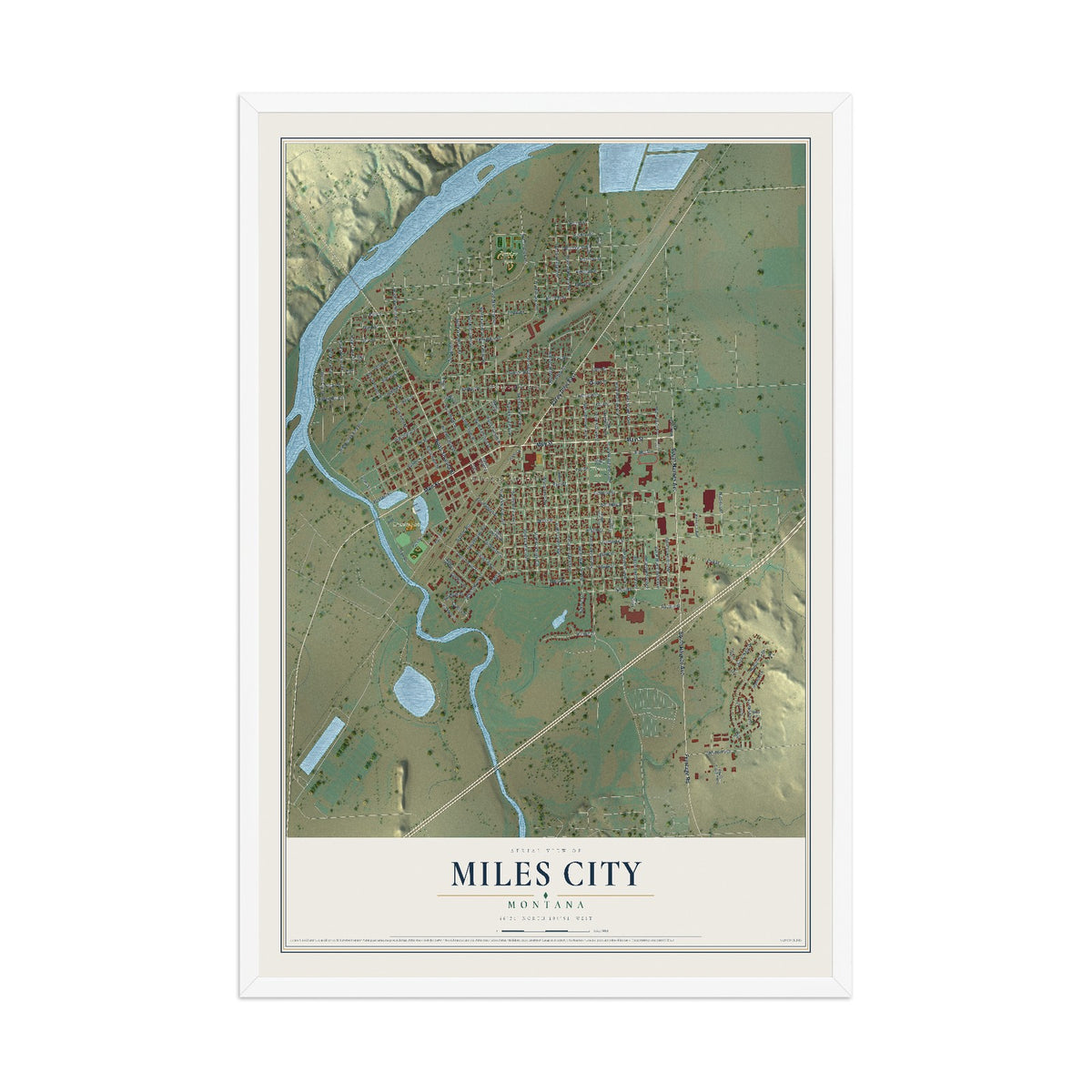 Map of Miles City, Montana, 12 x 18 inch print in a white wood frame