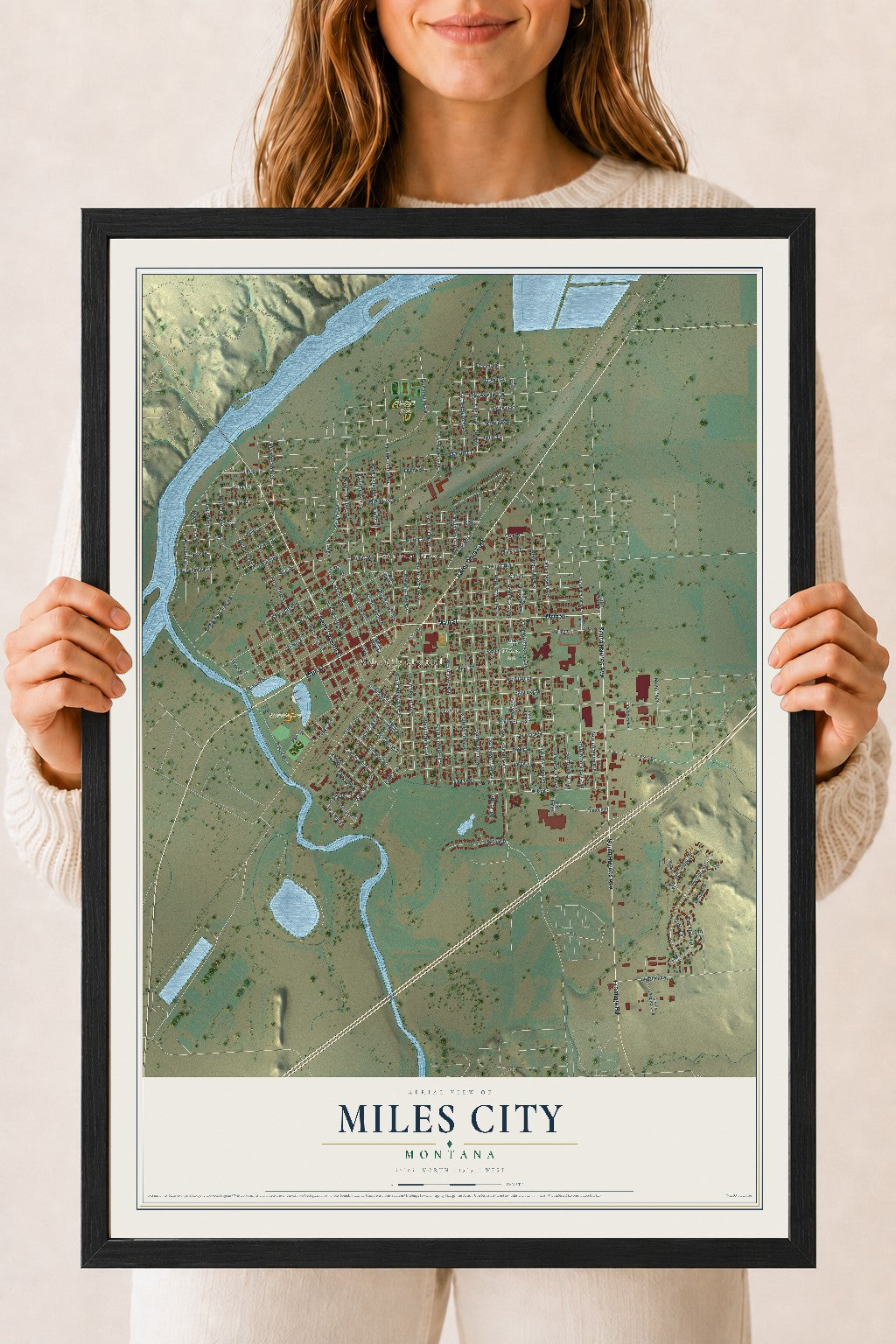 Map of Miles City, Montana, 18 x 24 inch print in a black wood frame
