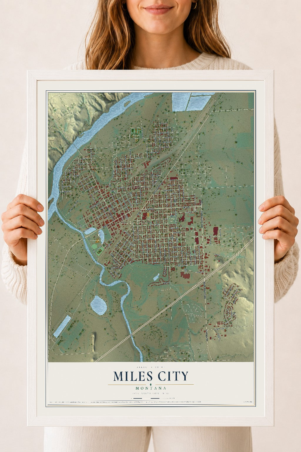 Map of Miles City, Montana, 18 x 24 inch print in a white wood frame