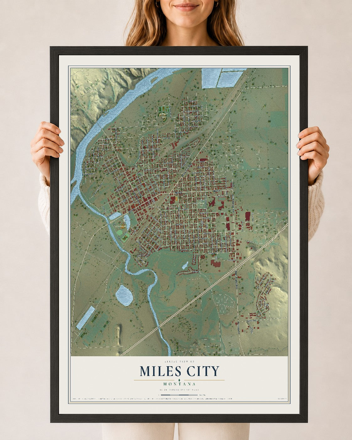 Map of Miles City, Montana, 24 x 36 inch print in a black wood frame