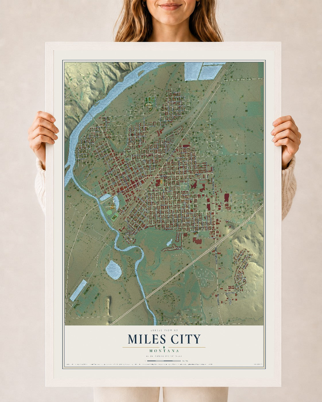 Map of Miles City, Montana, 24 x 36 inch print in a white wood frame