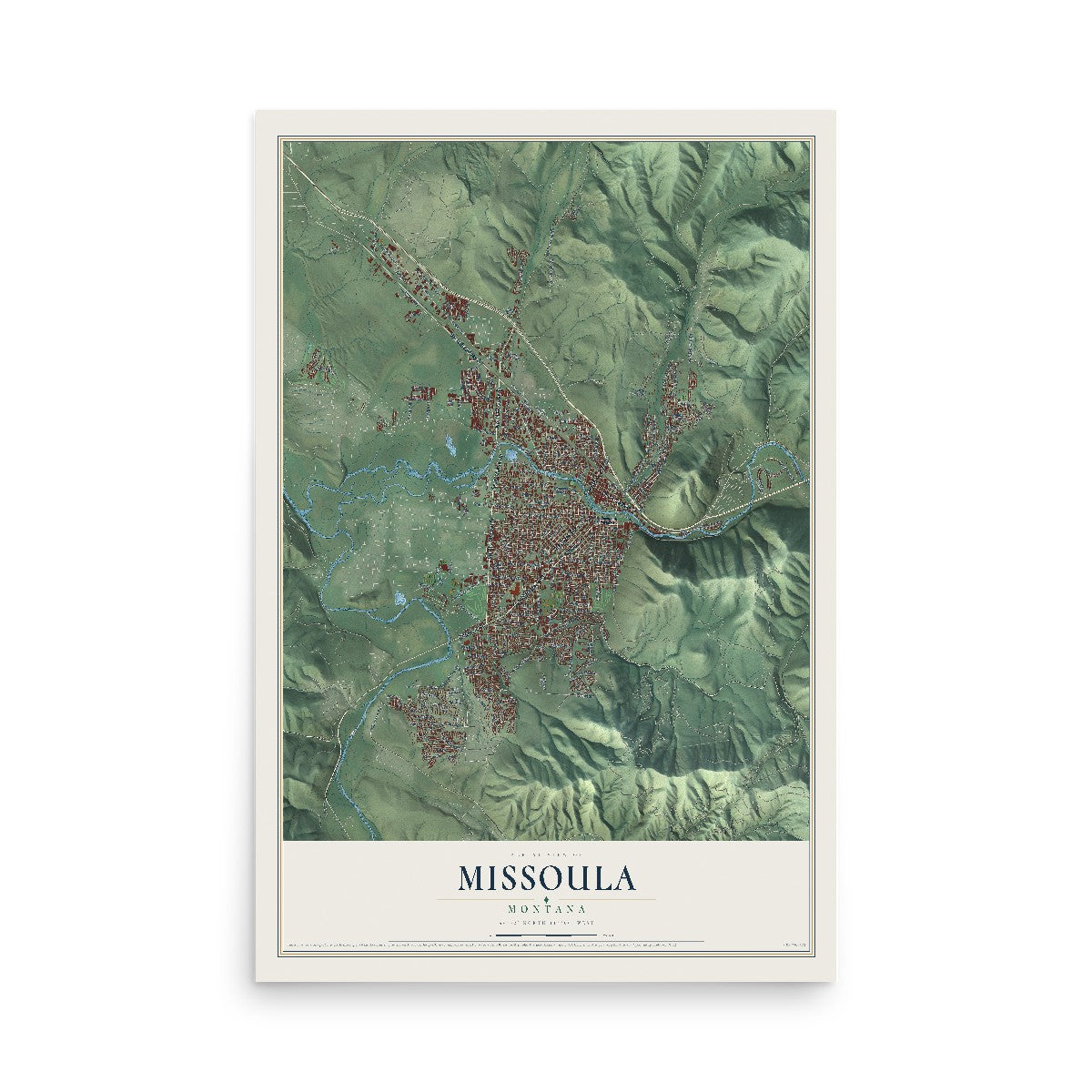 Map of Missoula, Montana, 12 x 18 inch unframed archival matte print